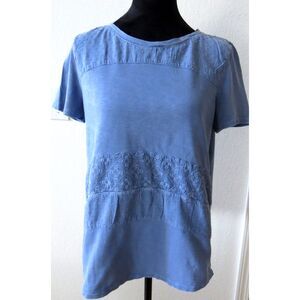 Chico's Knit Embroidered Panel Tee Top Blue Short Sleeves size 1 (M 8-10) EUC